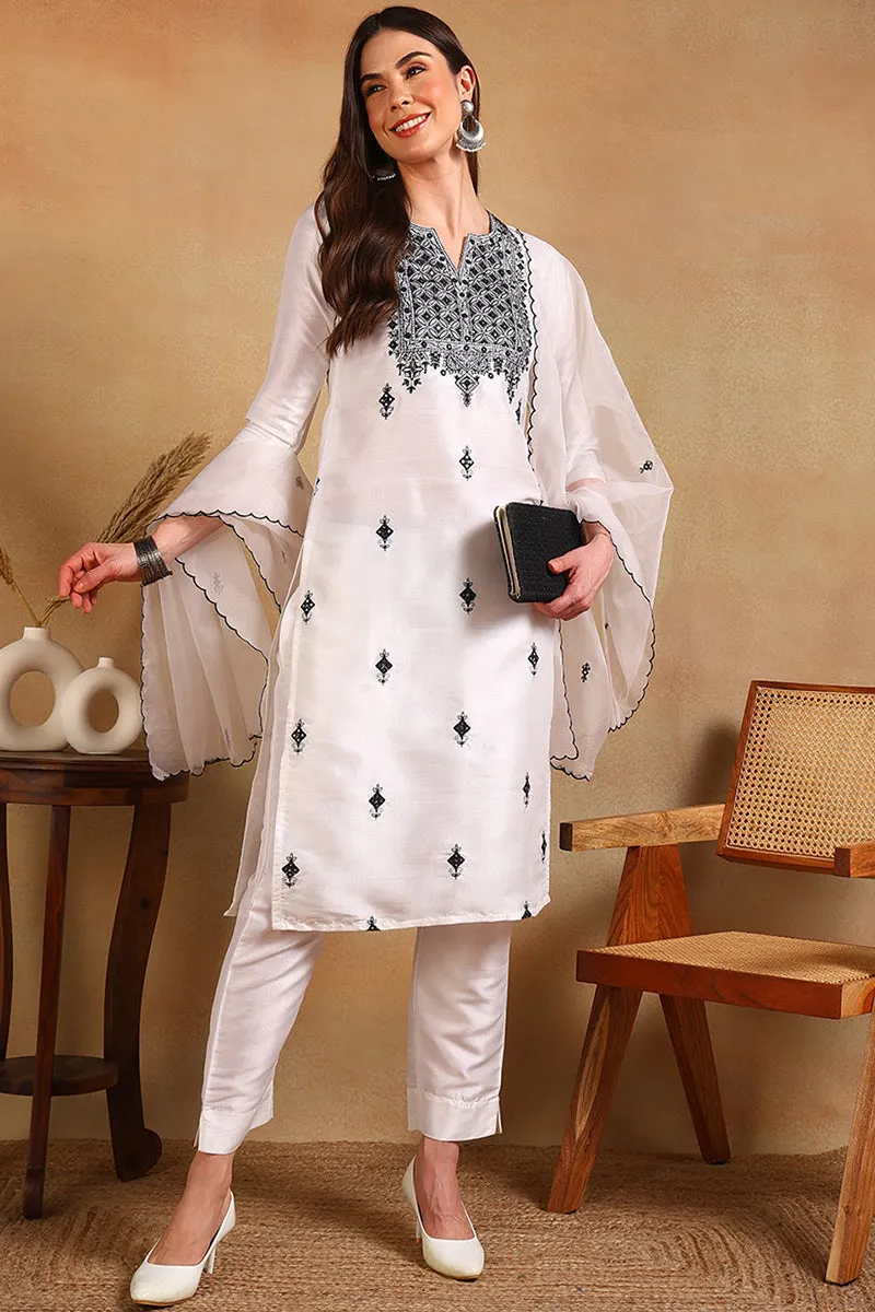 White Silk Blend Embroidered Straight Suit Set