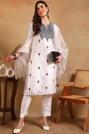 White Silk Blend Embroidered Straight Suit Set