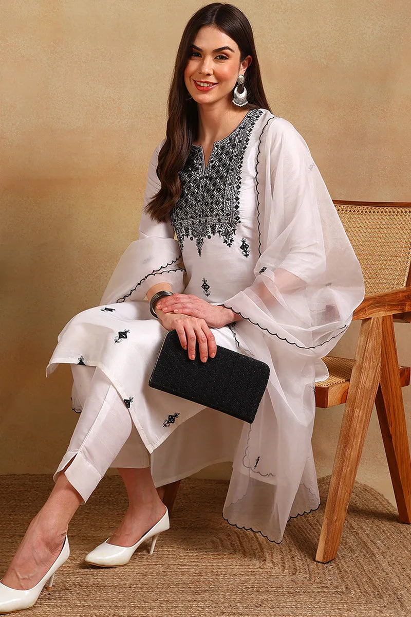White Silk Blend Embroidered Straight Suit Set